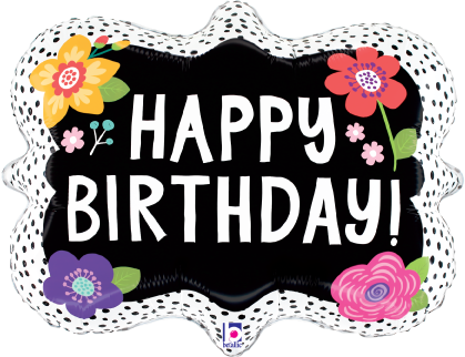 Black scalloped-edge foil balloon with colorful flower illustrations and white "Happy Birthday" text.