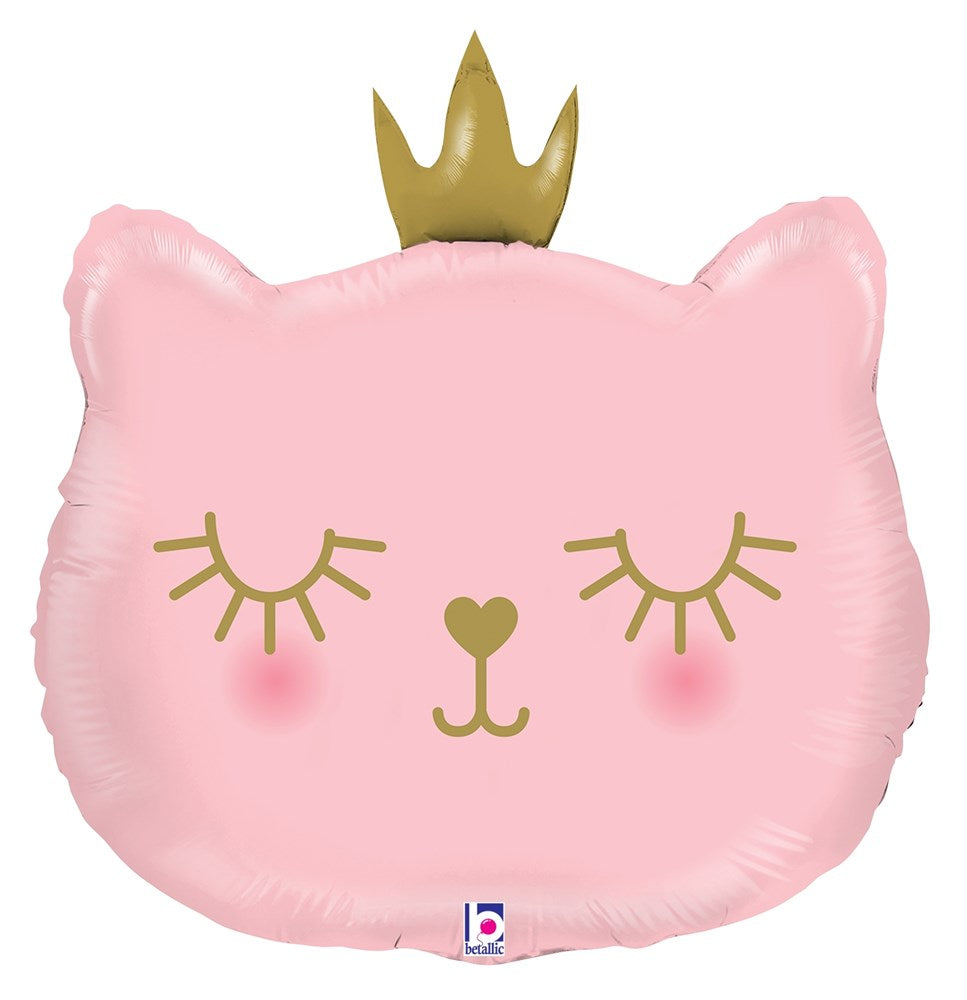 Pink cat-shaped foil balloon with closed eyes, heart-shaped nose, rosy cheeks, and a gold crown on top.