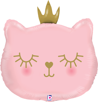 Pink cat-shaped foil balloon with closed eyes, heart-shaped nose, rosy cheeks, and gold crown on top.