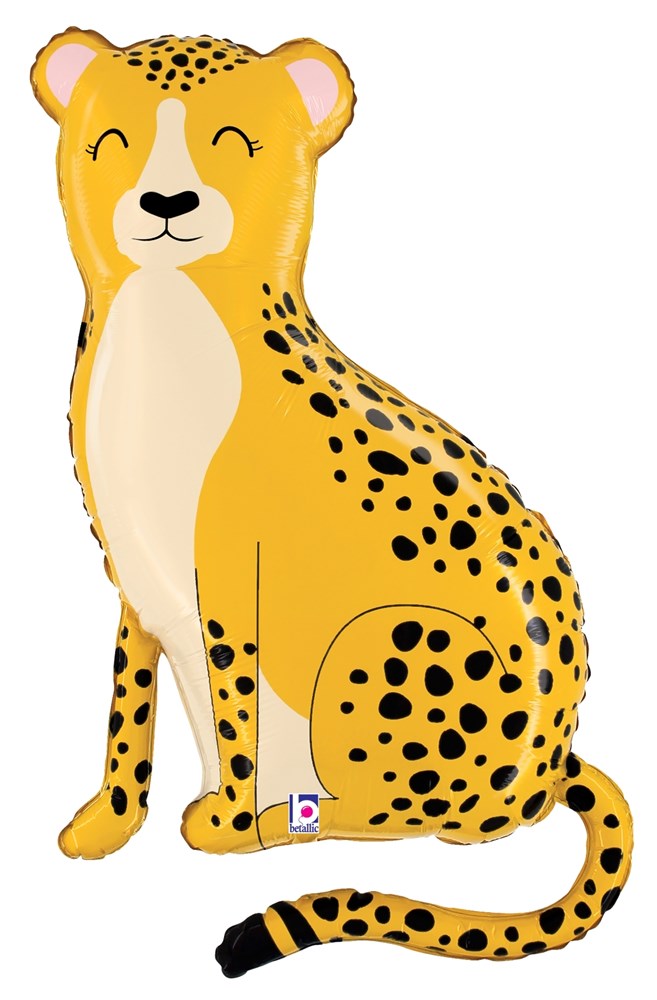 Yellow cheetah-shaped foil balloon with black spots, white belly, pink ears, and winking face.