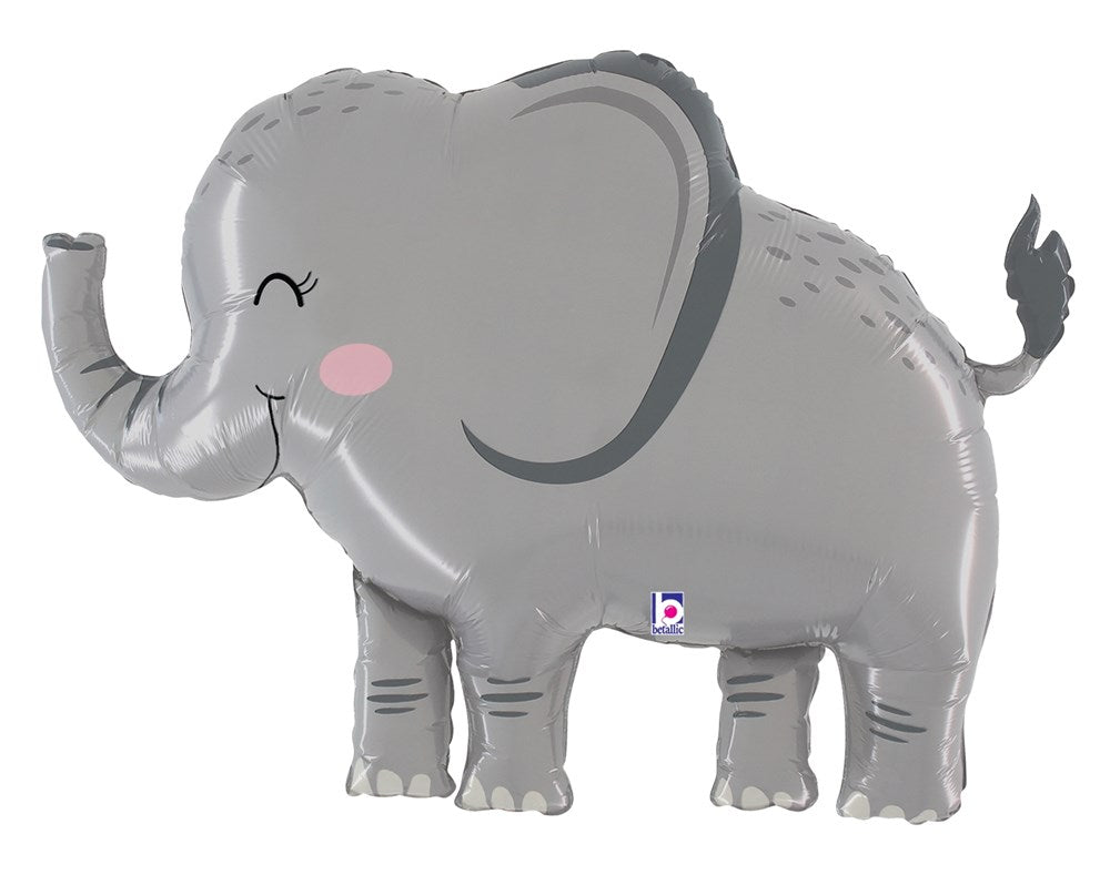 Gray elephant-shaped foil balloon with smiling face and pink cheeks, 33 inches tall.