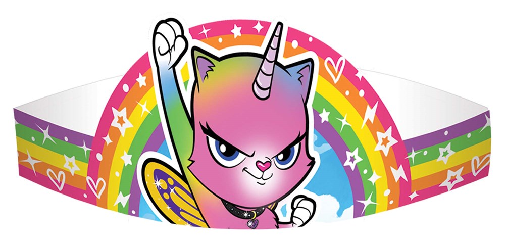 Colorful paper crown featuring a pink unicorn cat with raised fist, rainbow and star accents.