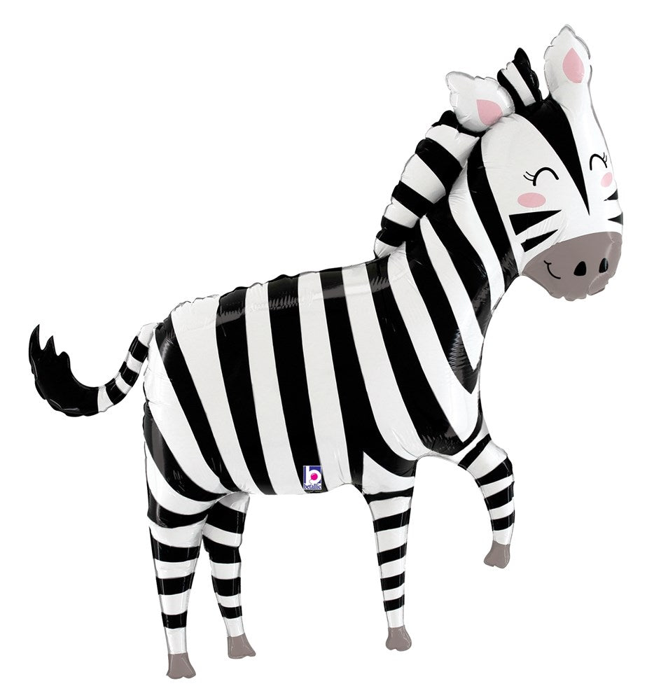 43-inch foil balloon shaped like a smiling zebra with black and white stripes and a curly tail.