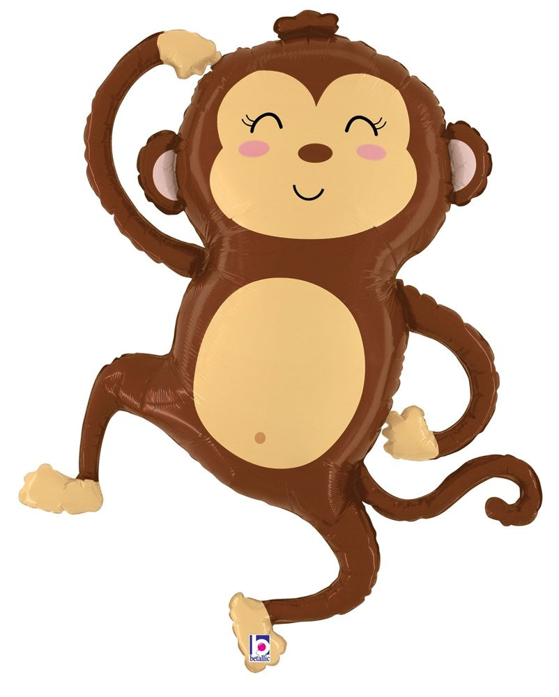 33-inch brown and tan monkey-shaped foil balloon with smiling face and raised arm.