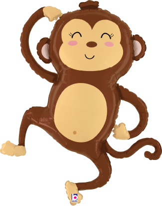 33-inch brown and beige foil balloon shaped like a happy monkey with closed eyes and raised arm.