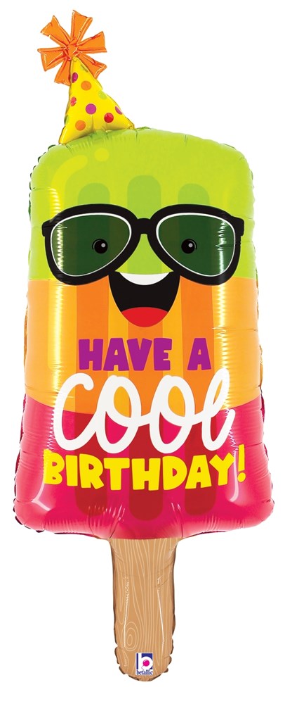 39-inch foil balloon shaped like a colorful popsicle with sunglasses and party hat, caption "Have a Cool Birthday!".