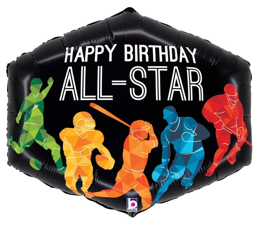 Black diamond-shaped foil balloon with "Happy Birthday All-Star" text and colorful silhouettes of athletes in green, orange,