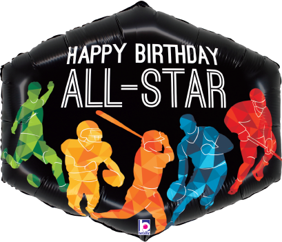 Black pentagon-shaped foil balloon with "Happy Birthday All-Star" text and colorful silhouettes of soccer, baseball,.