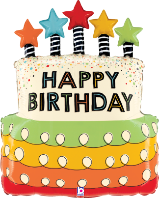 Colorful birthday cake-shaped foil balloon with five spiral candles topped by multicolored stars and "Happy Birthday" text.