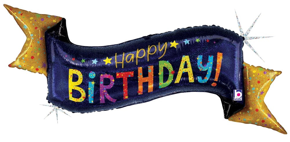 Navy blue rectangular foil balloon with glitter and holographic "Happy Birthday!" text, yellow star-shaped ends.