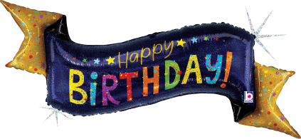 Navy blue rectangular birthday banner with glittery multicolor "Happy Birthday" text and gold star-shaped ends.