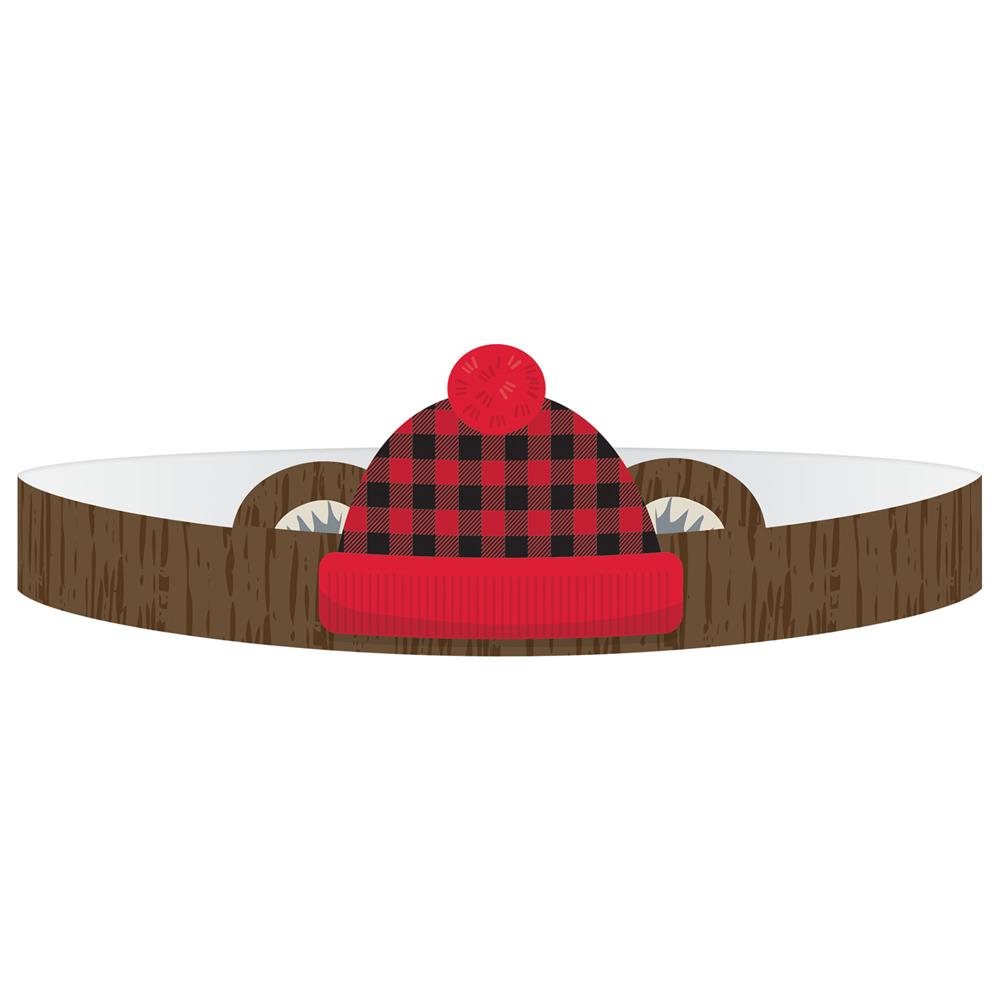 Brown headband with attached red and black plaid winter hat and beige curved antlers.