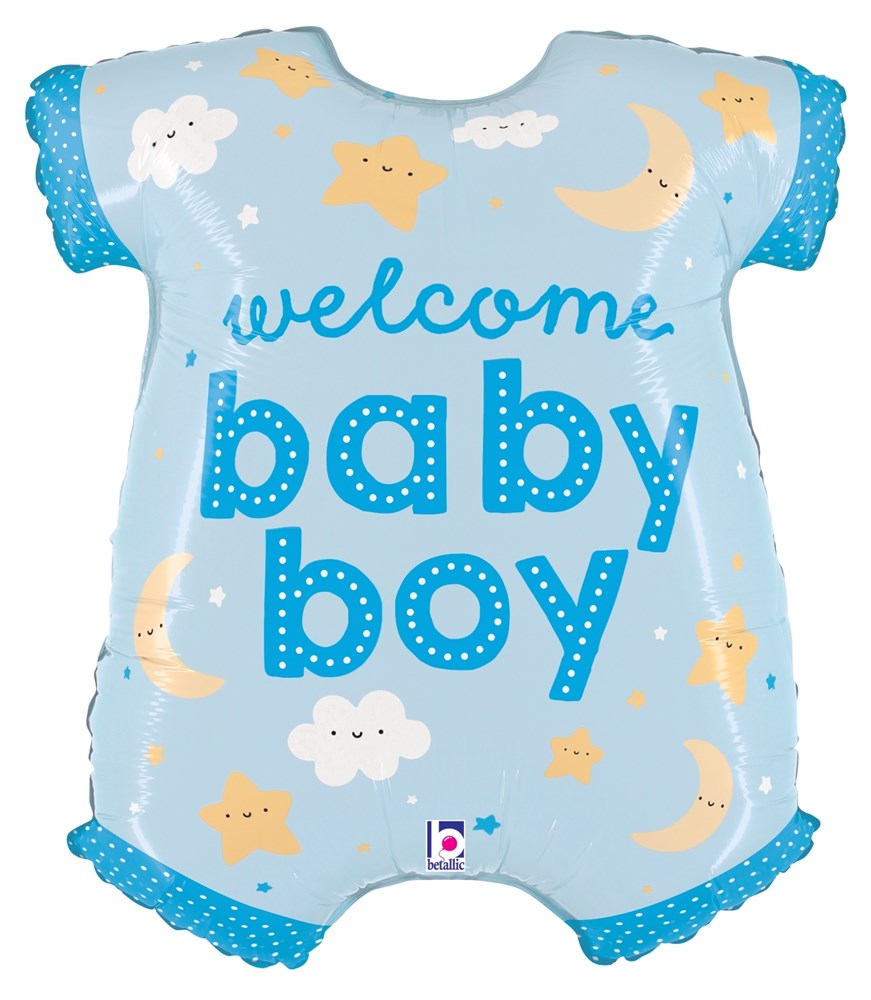 Light blue baby boy onesie-shaped foil balloon with stars, moons, clouds, and "welcome baby boy" text.