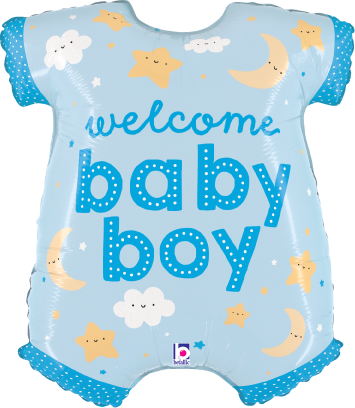 Blue onesie-shaped foil balloon with "welcome baby boy" text, decorated with stars, moons, and clouds.