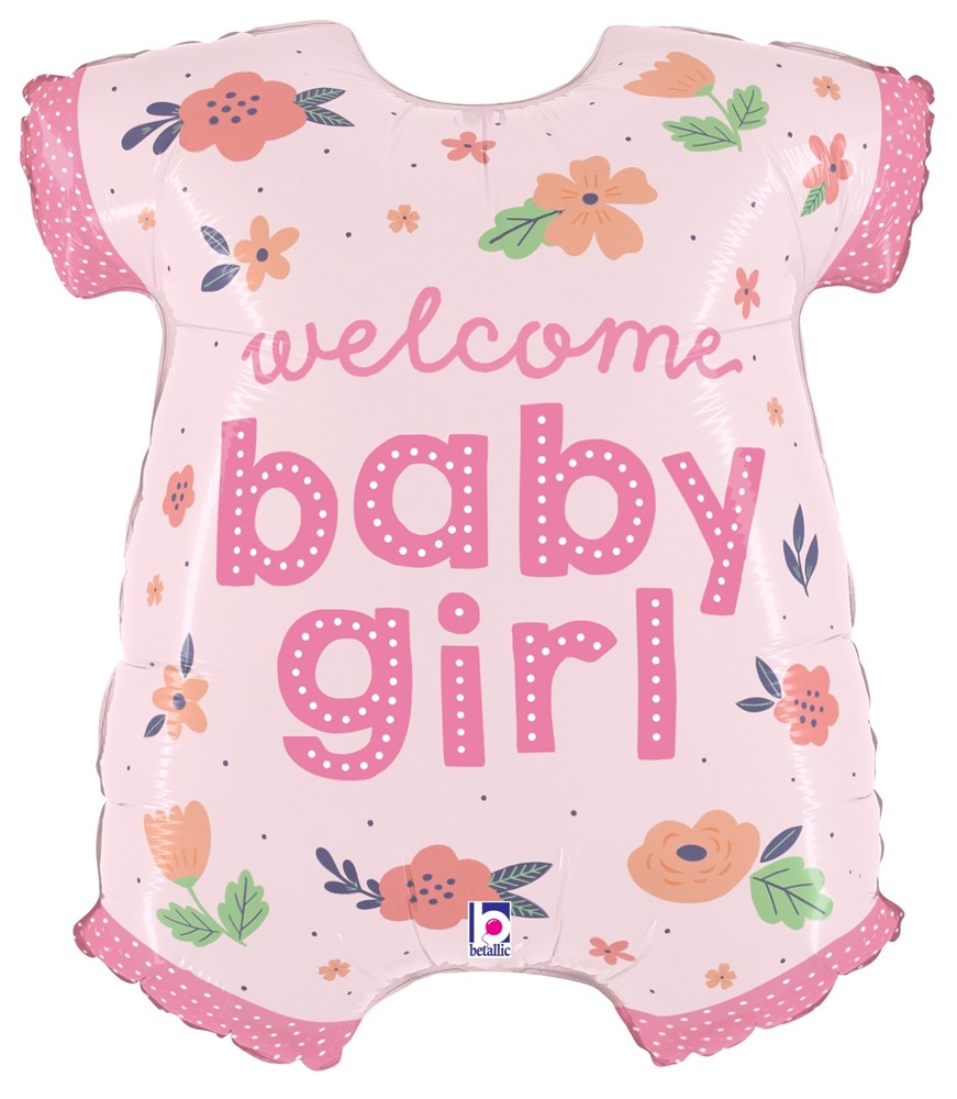 Pink shaped foil balloon with scalloped edges, floral patterns, and "welcome baby girl" text in playful fonts.