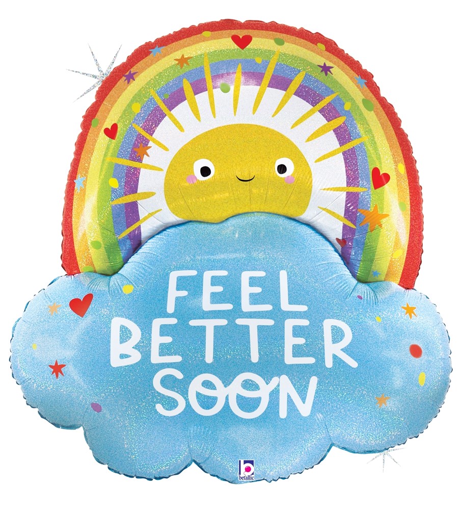 Rainbow-shaped foil balloon with glittery finish, smiling sun, and blue cloud reading "Feel Better Soon".
