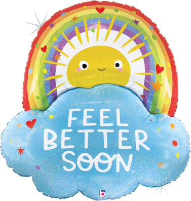 Glitter holographic balloon with smiling sun, rainbow arch, and blue cloud reading "Feel Better Soon".