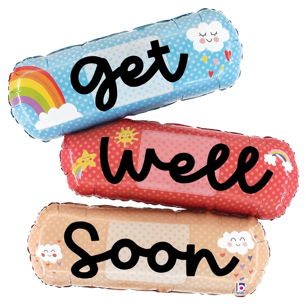 Three foil balloons shaped like bandages in blue, red, and beige with smiling clouds, a rainbow, sun, and the words "Get.