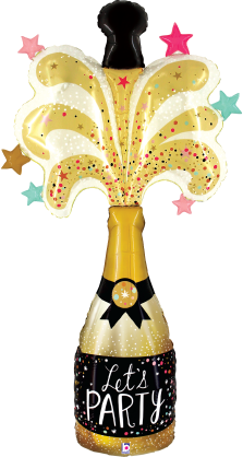 65-inch foil balloon shaped like a champagne bottle with gold and black colors, featuring glitter accents and "Let's Party".