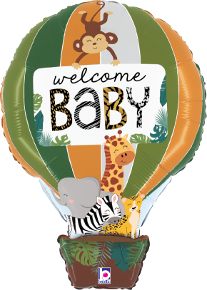 24-inch jungle animal shaped foil balloon with monkey, giraffe, elephant, zebra, and "Welcome Baby" text.