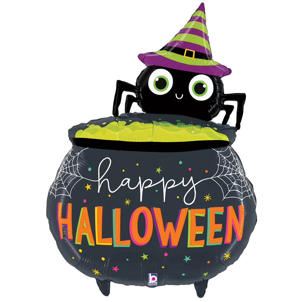 34-inch foil balloon shaped like a black spider peeking over a cauldron with “Happy Halloween” in orange and white text,.