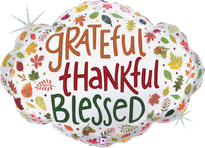 30-inch cloud-shaped foil balloon with glittery holographic finish and "Grateful Thankful Blessed" in brown, red, and green.