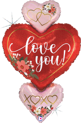 Three heart-shaped foil balloons in pink and red with floral accents and romantic text designs.