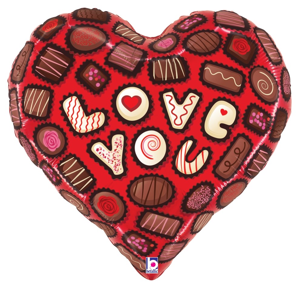Heart-shaped red foil balloon decorated with assorted chocolate illustrations and "LOVE YOU" text in white and red letters.