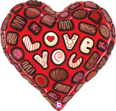 Heart-shaped red foil balloon decorated with assorted chocolate illustrations and the words "Love You" in white with red.