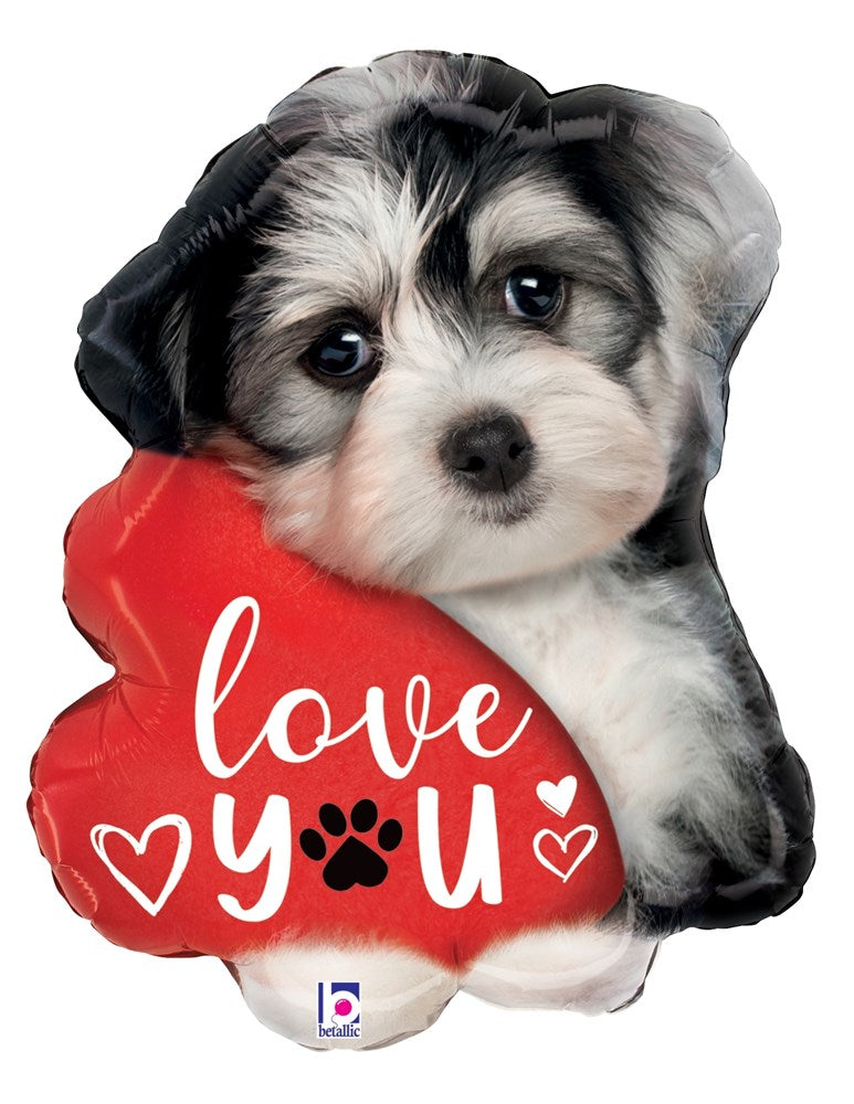 24-inch foil balloon shaped like a black-and-white puppy holding a red heart with "Love You" text and paw print.