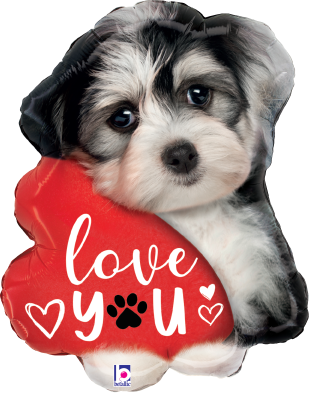 24-inch foil balloon shaped like a black and white puppy holding a red heart with "love you" text and paw print design.
