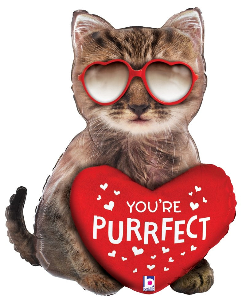 26-inch foil balloon shaped like a brown tabby cat wearing red heart-shaped sunglasses, holding a red heart with "You're.