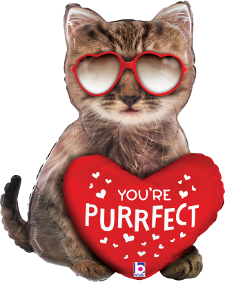26-inch foil balloon shaped like a gray tabby cat wearing red heart-shaped sunglasses and holding a red heart with "You're.