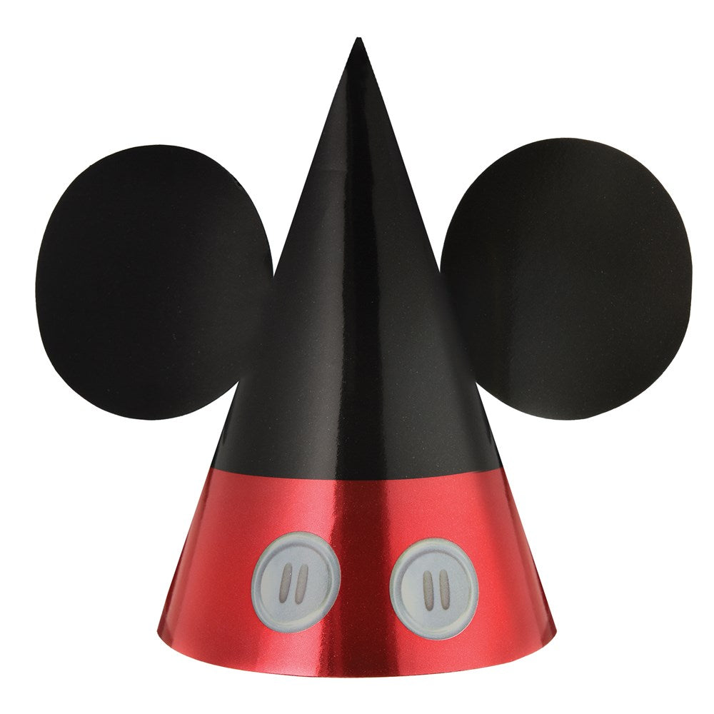Black and red paper cone party hat with attached black Mickey Mouse ears and white button designs on red band.