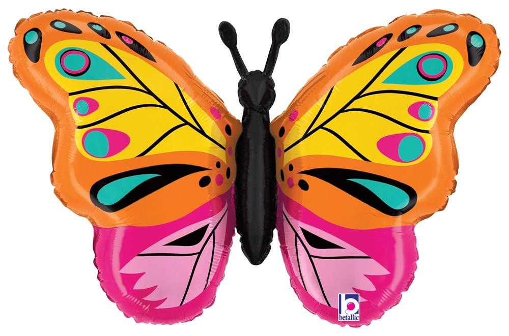Bright orange and pink foil butterfly balloon with colorful geometric wing patterns and black antennae.