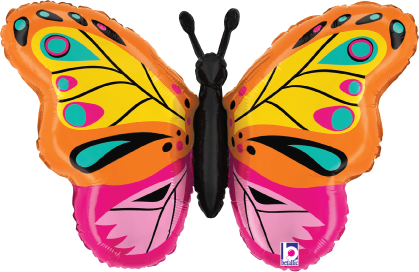 Bright orange and pink butterfly-shaped foil balloon with blue, green, and black wing patterns and black body.