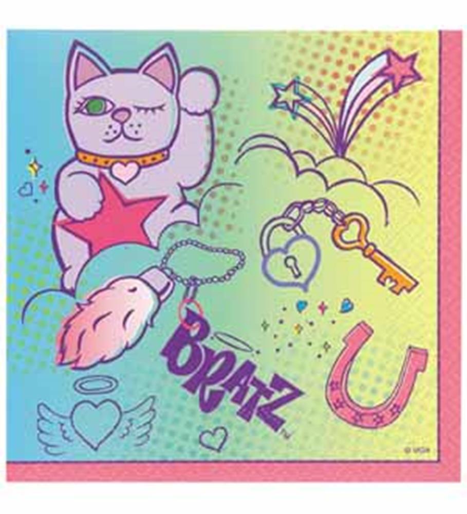 Square birthday gift bag featuring colorful Bratz-themed illustrations including a waving cat, starburst, heart lock and.