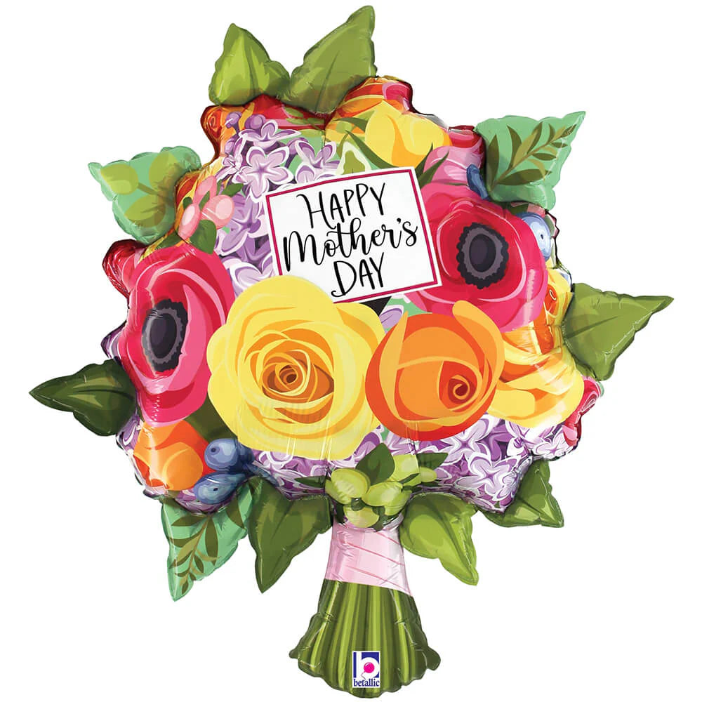 Colorful foil balloon shaped like a bouquet with yellow and orange roses, green leaves, and a "Happy Mother's Day" sign.