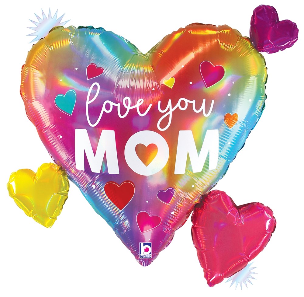 28-inch heart-shaped foil balloon with rainbow opal colors, decorated with multicolored hearts and "love you MOM" text in.