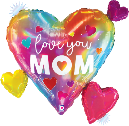28-inch heart-shaped foil balloon with opal rainbow colors and "love you MOM" text surrounded by small colorful hearts.