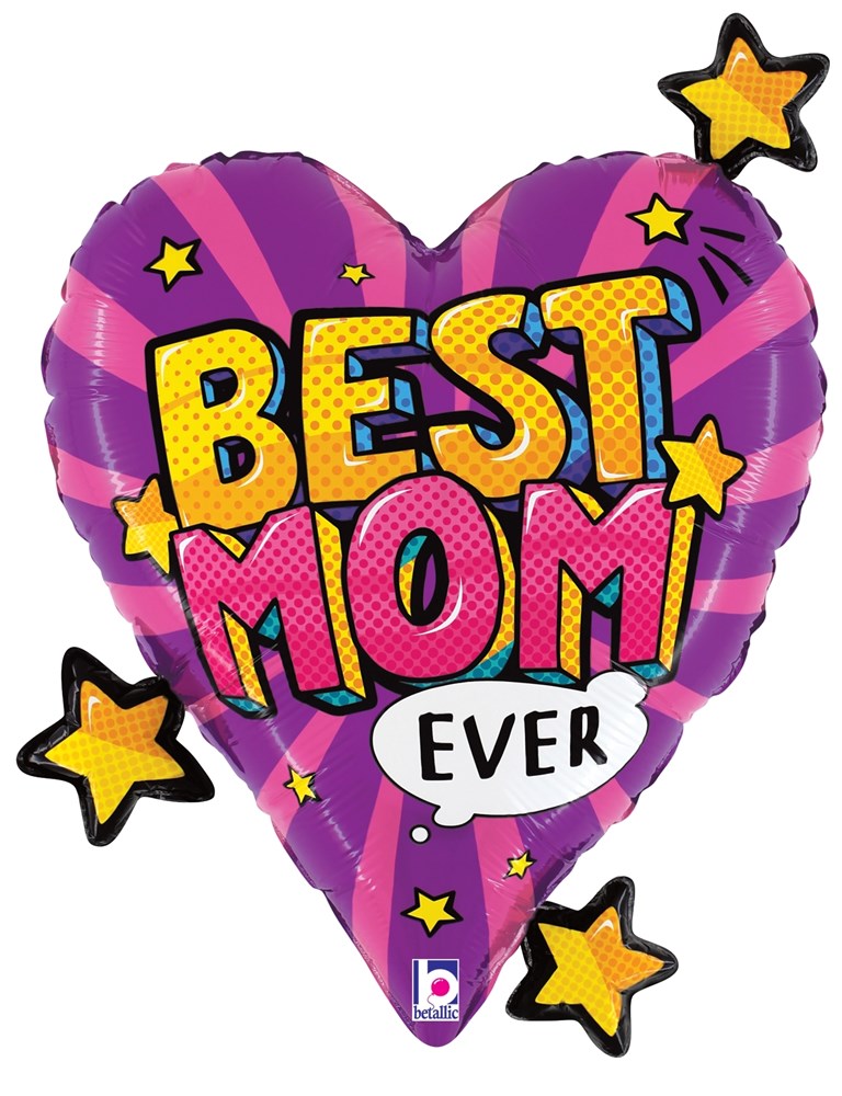 Purple heart-shaped foil balloon with yellow and pink comic-style "Best Mom Ever" text and yellow stars.