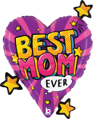 Purple heart-shaped foil balloon with yellow and pink comic-style "Best Mom Ever" text and surrounding yellow stars.