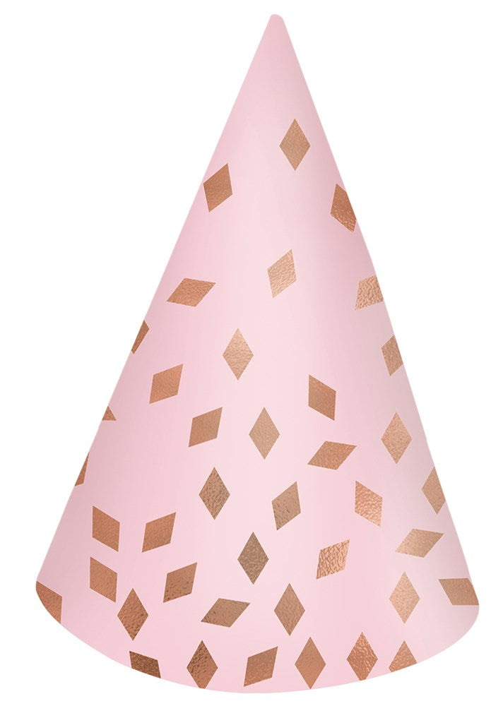 Pink cone party hat with shiny gold confetti dots, smooth paper finish, celebratory style.