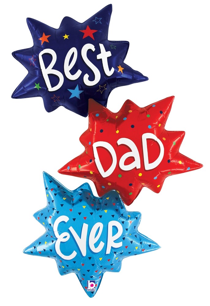 Set of three starburst-shaped foil balloons in navy blue, red, and light blue with white text reading "Best Dad Ever" and.