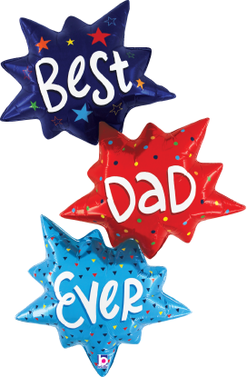 Tri-color foil balloons shaped like bursts in blue, red, and light blue, each with white letters spelling "Best Dad Ever".
