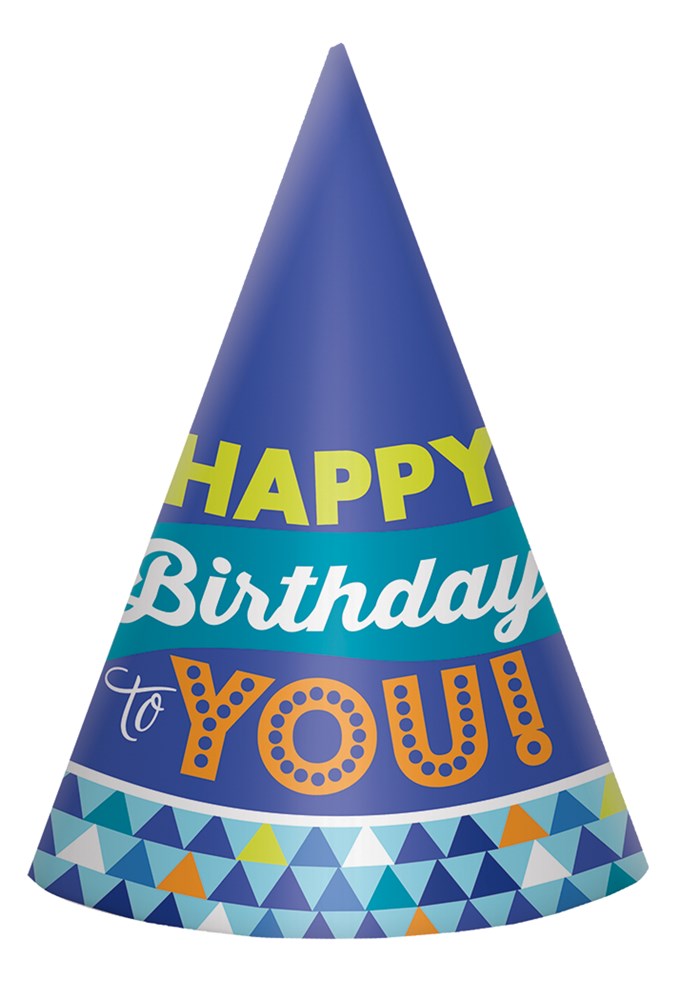 Blue cone party hat with "Happy Birthday to You!" text in yellow, white, and orange, featuring a geometric blue and teal.