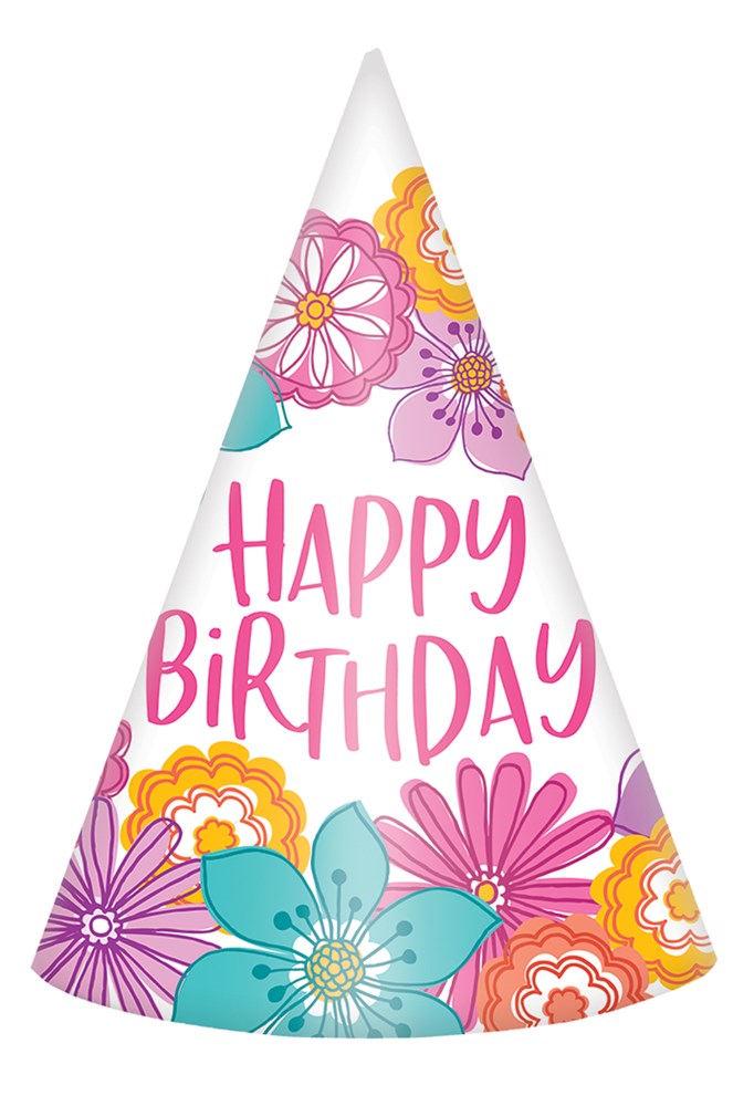 White cone party hat with colorful pink, orange, purple, and teal flower patterns and "Happy Birthday" text in pink.