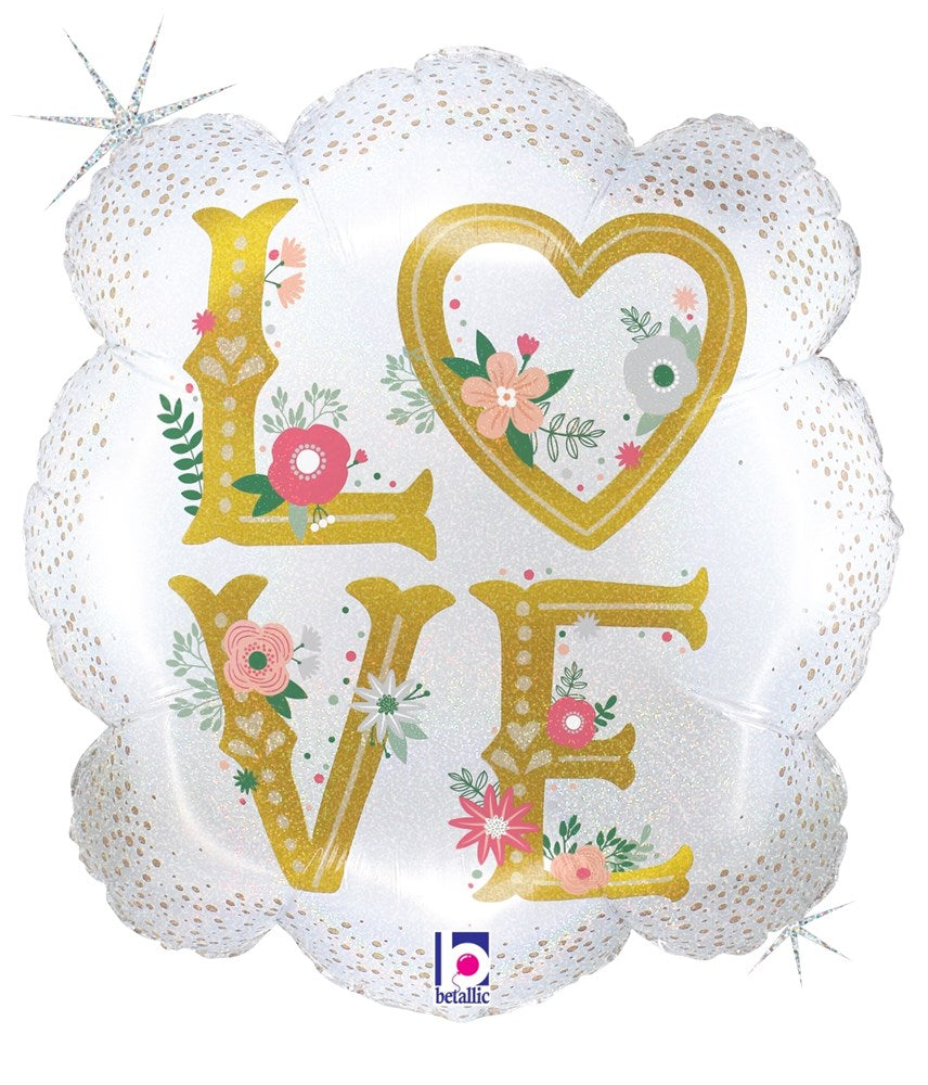 White scalloped-edge balloon with gold glittery letters spelling LOVE, featuring floral and heart designs.