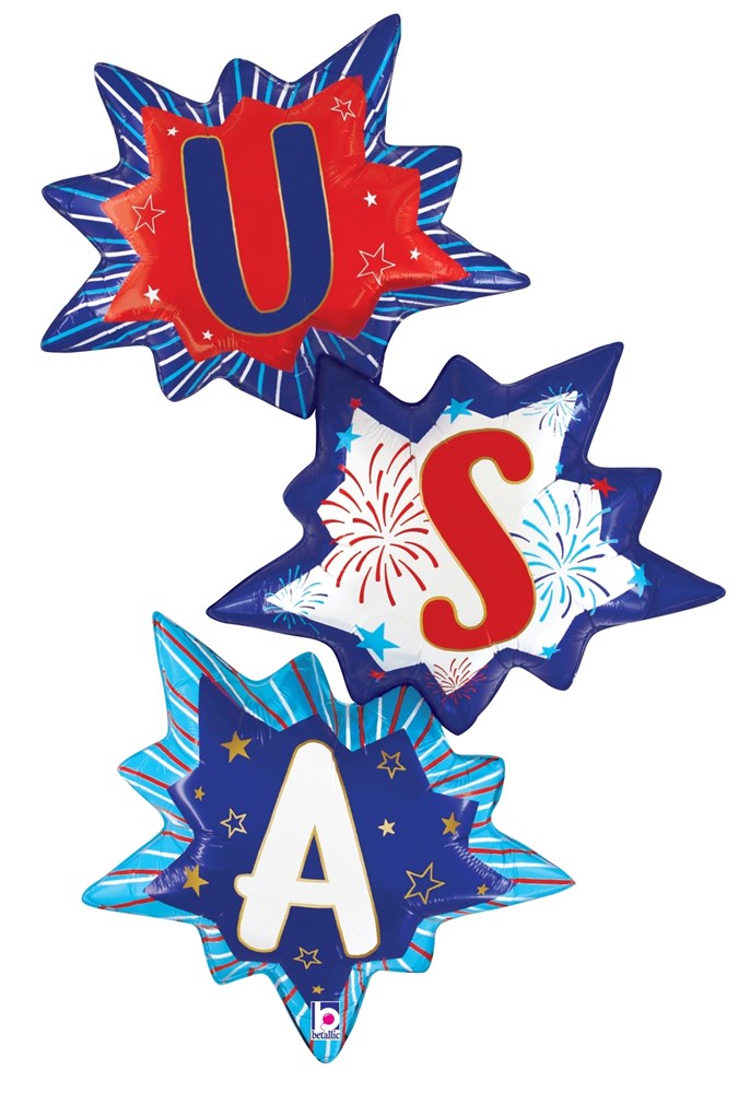 Three foil balloons in burst shapes with patriotic red, white, and blue colors and letter designs U, S, and A.