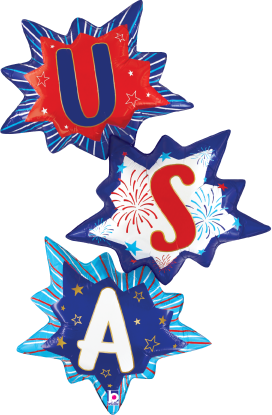 Red, white, and blue burst-shaped foil balloons spelling "USA" with star and firework designs.
